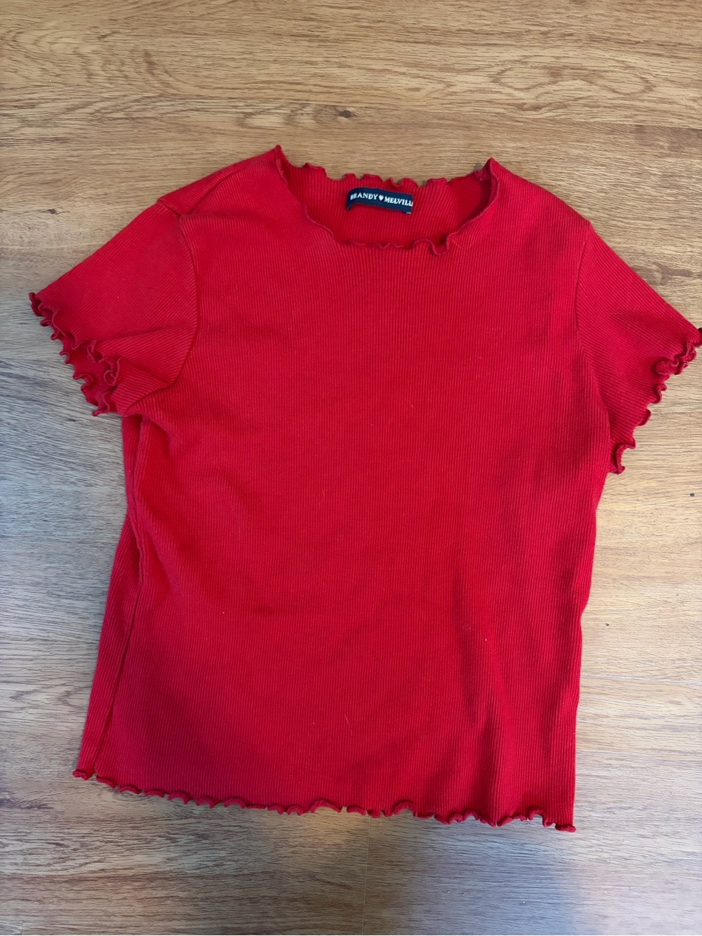 Brandy Melville Red Ribbed Ruffle-Edge Short Sleeve Tee